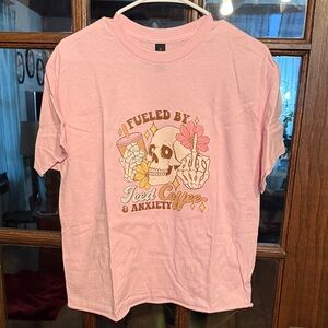 Gildan Pink Tee with Skull and Floral Design